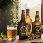Bottles of THC drinks sit on rustic wooden table with golden light and fresh herbs.