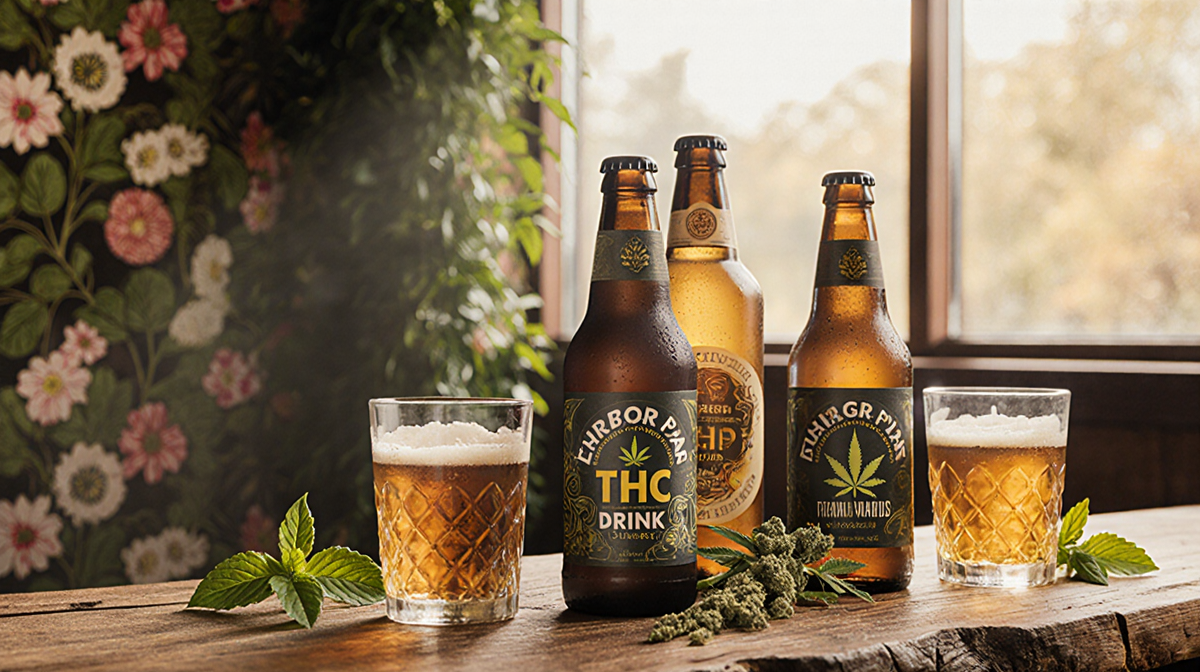 Bottles of THC drinks sit on rustic wooden table with golden light and fresh herbs.