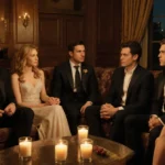 The Pitt cast members sitting together on plush couches with Noah and Sara Wyle holding hands in candlelit room