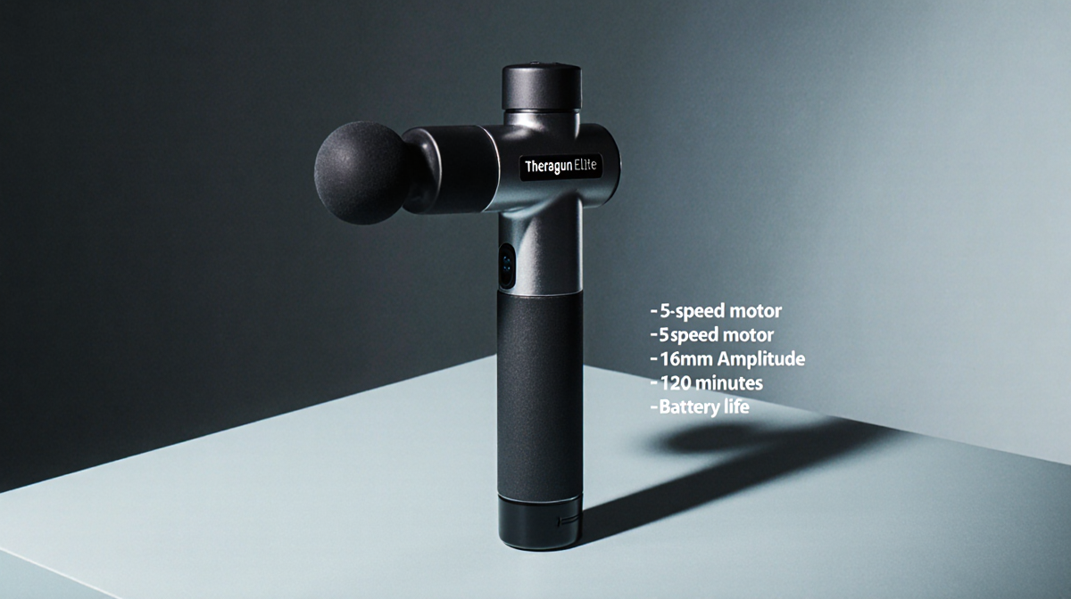 Theragun Elite massage gun resting on sleek countertop with blue-gray calming tones and battery icon showing 120 minutes.