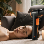 Person reclining on a couch with Theragun Elite massage gun beside them in a relaxing setting