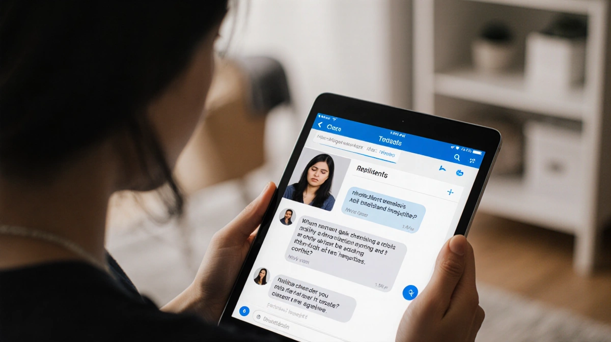 Therapist Targol Hasankhani sits holding a tablet with a conversation thread showing her client looking anxious in a calm off