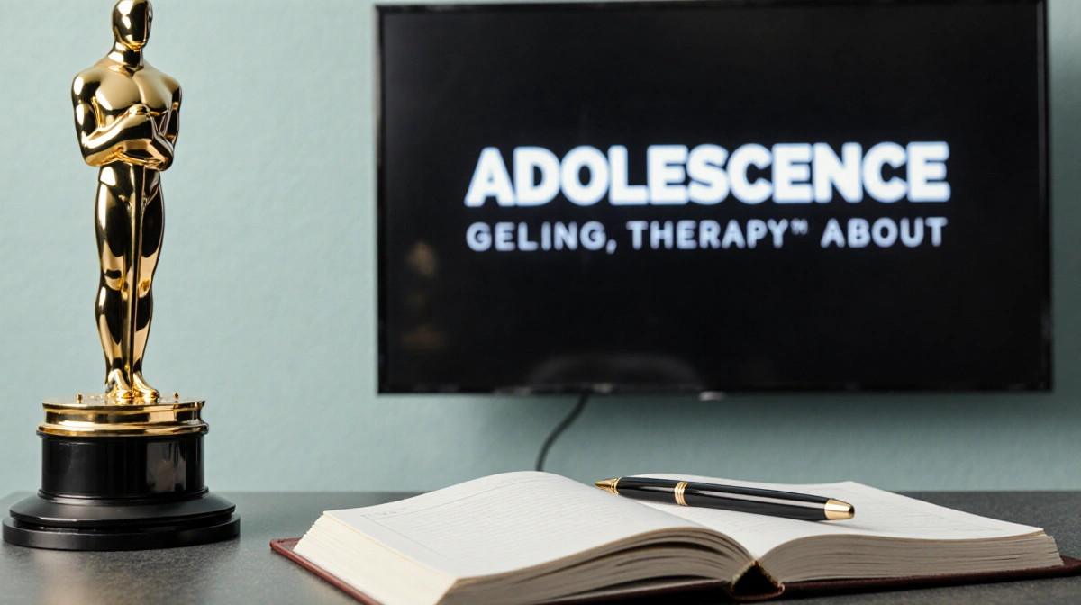 Open therapist notebook with pen and Golden Globe hint showing Erin Doherty's therapy journey and Adolescence success