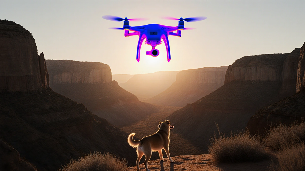 Drone hovers over canyon at sunrise with thermal imaging showing search area and small dog barking below