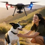 Drone hovering above dog running to woman with California hills and wildflowers behind