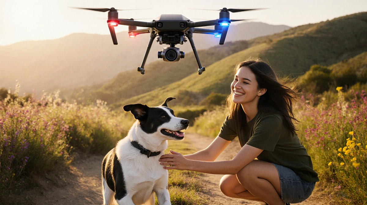 Drone hovering above dog running to woman with California hills and wildflowers behind