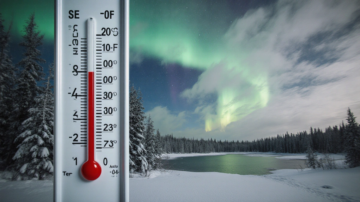 Thermometer showing record cold temperature with snow-covered trees and frozen lake in wintry landscape