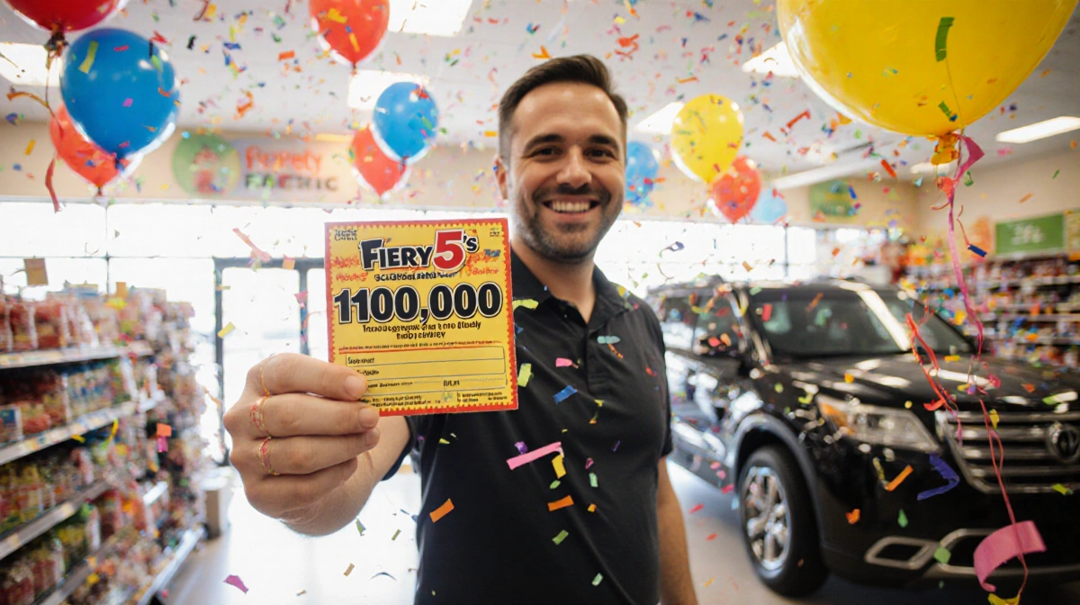Thomas McCawley celebrating his lottery win with $100000 ticket and colorful balloons in festive store