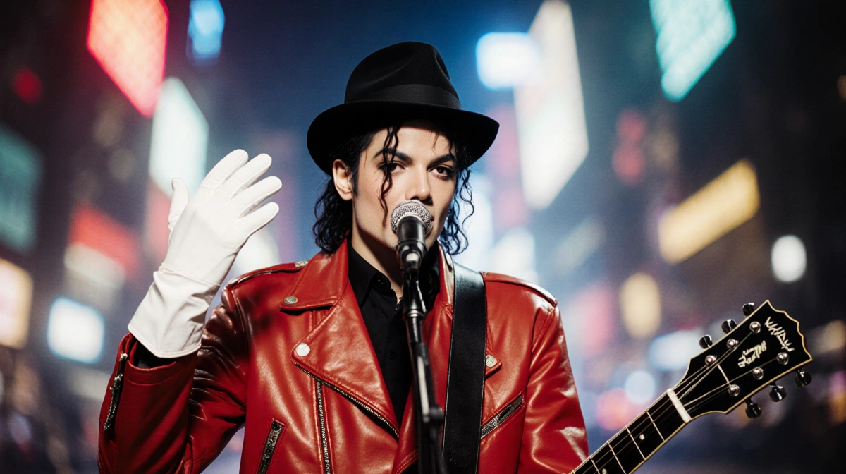Musician performing with single white glove and red leather jacket while holding guitar and standing before neon city lights.