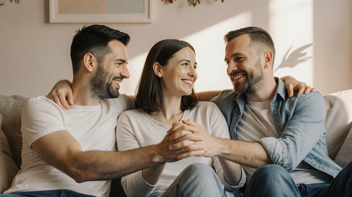 Alana and her throuple holding hands and embracing with warm lighting in a cozy living room filled with love