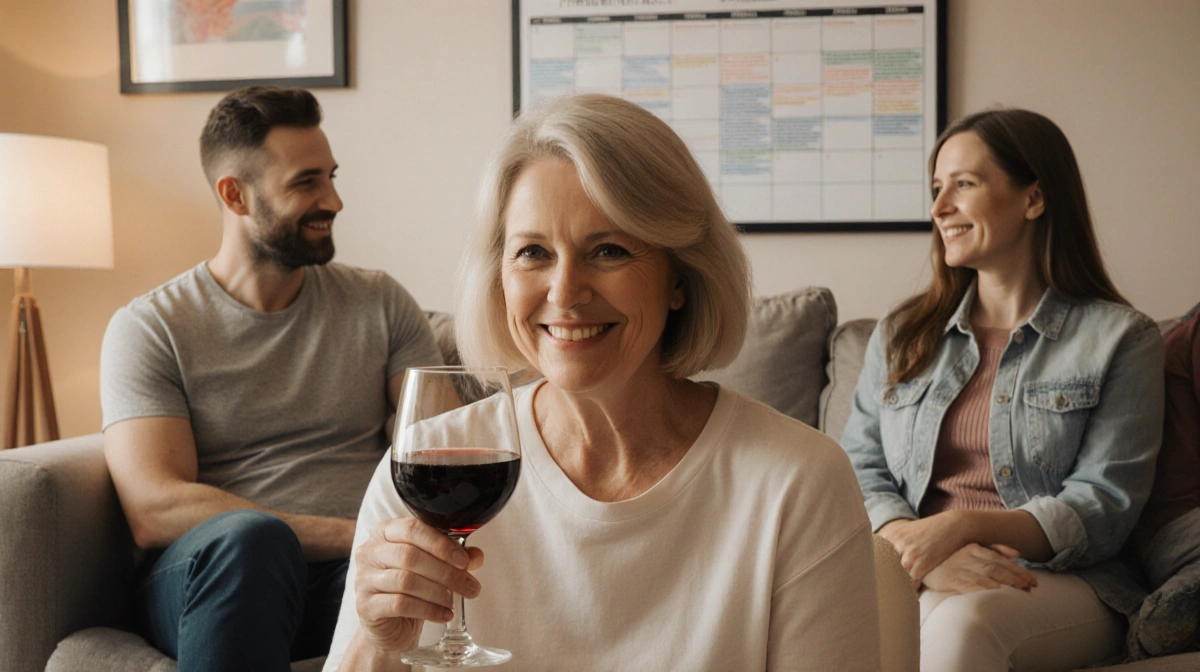 Woman holding wine glass sits with family in living room showing treatment plan on whiteboard