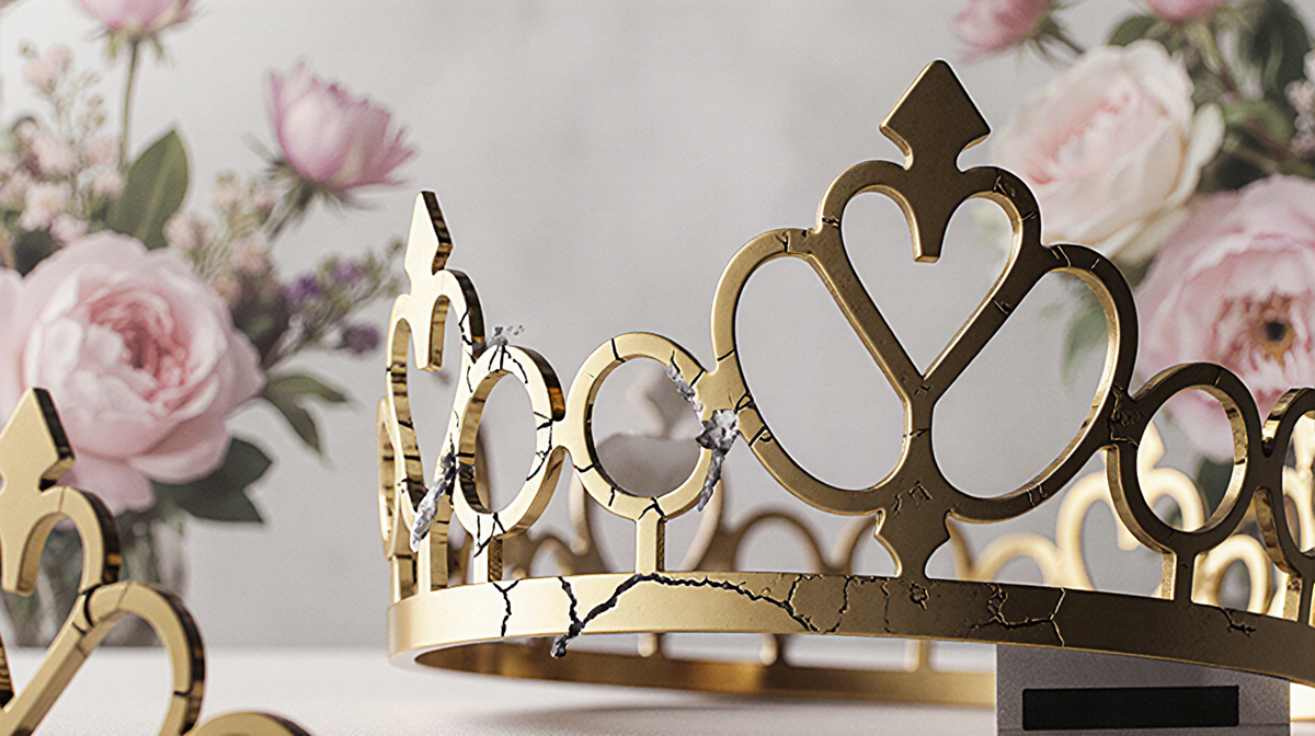 Series of cracked tiara crowns gleaming with gold accents against blurred floral background