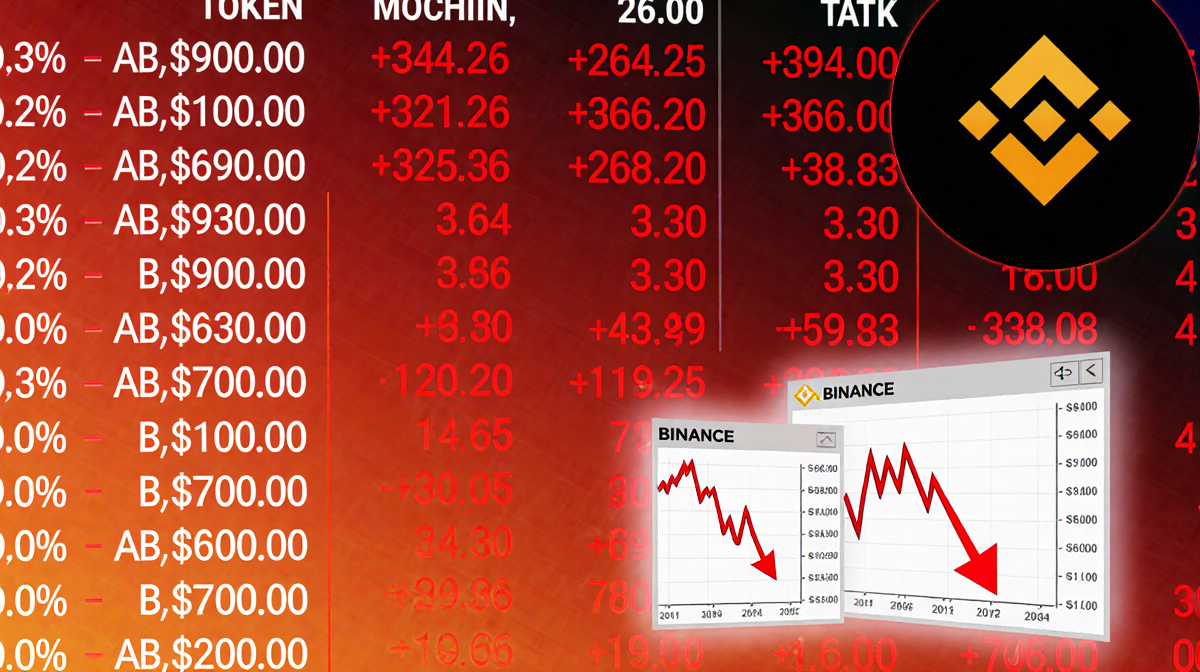 Ticker screen showing red tokens falling with a gradient background and charts indicating a downward trend and a Binance logo
