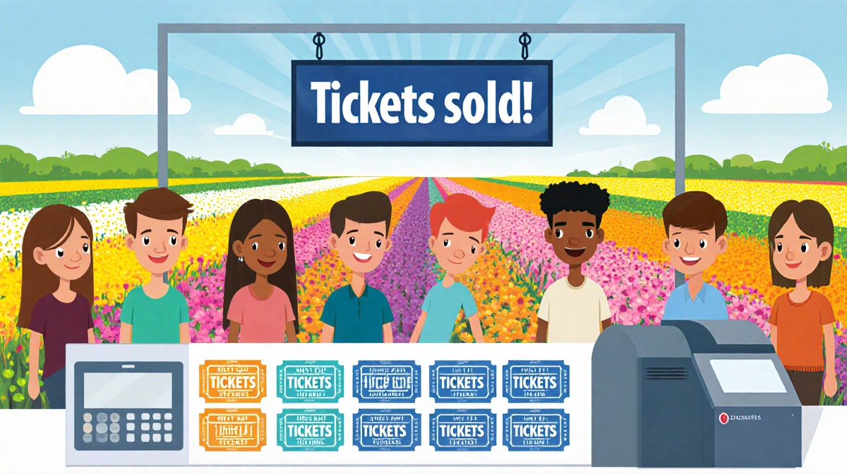 Ticket counter processing sales with colorful tickets displayed and a line of excited customers near bright flower fields.