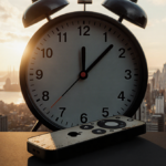 Clock ticking beside worn TV remote and sunset cityscape