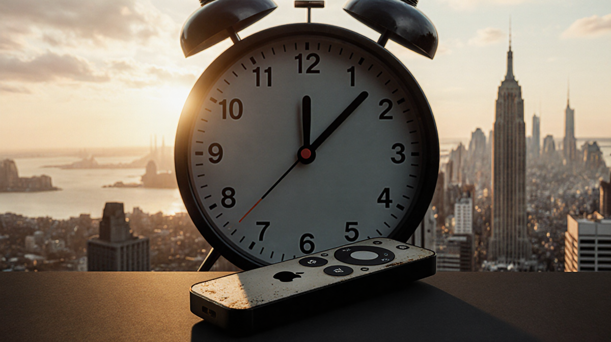 Clock ticking beside worn TV remote and sunset cityscape