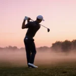 Tiger Woods swinging mid-iron on misty sunrise fairway with pink sky glowing behind him