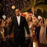 Tiger Woods dancing at piano with Vanessa Trump and champagne guests celebrating under golden lights