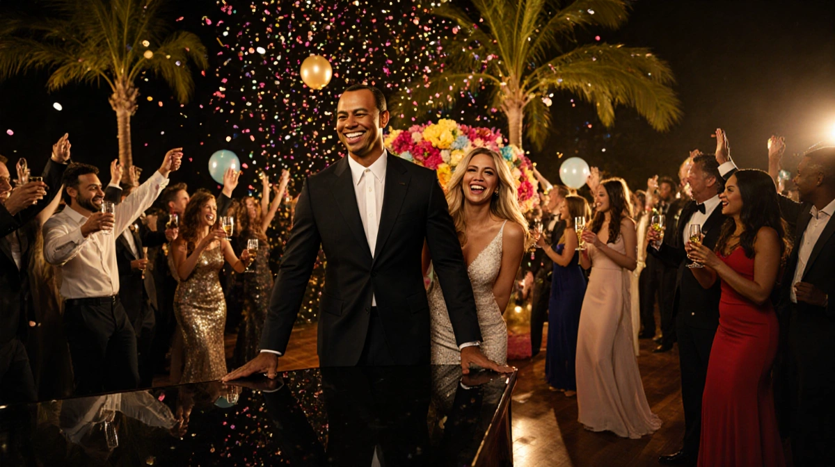 Tiger Woods dancing at piano with Vanessa Trump and champagne guests celebrating under golden lights