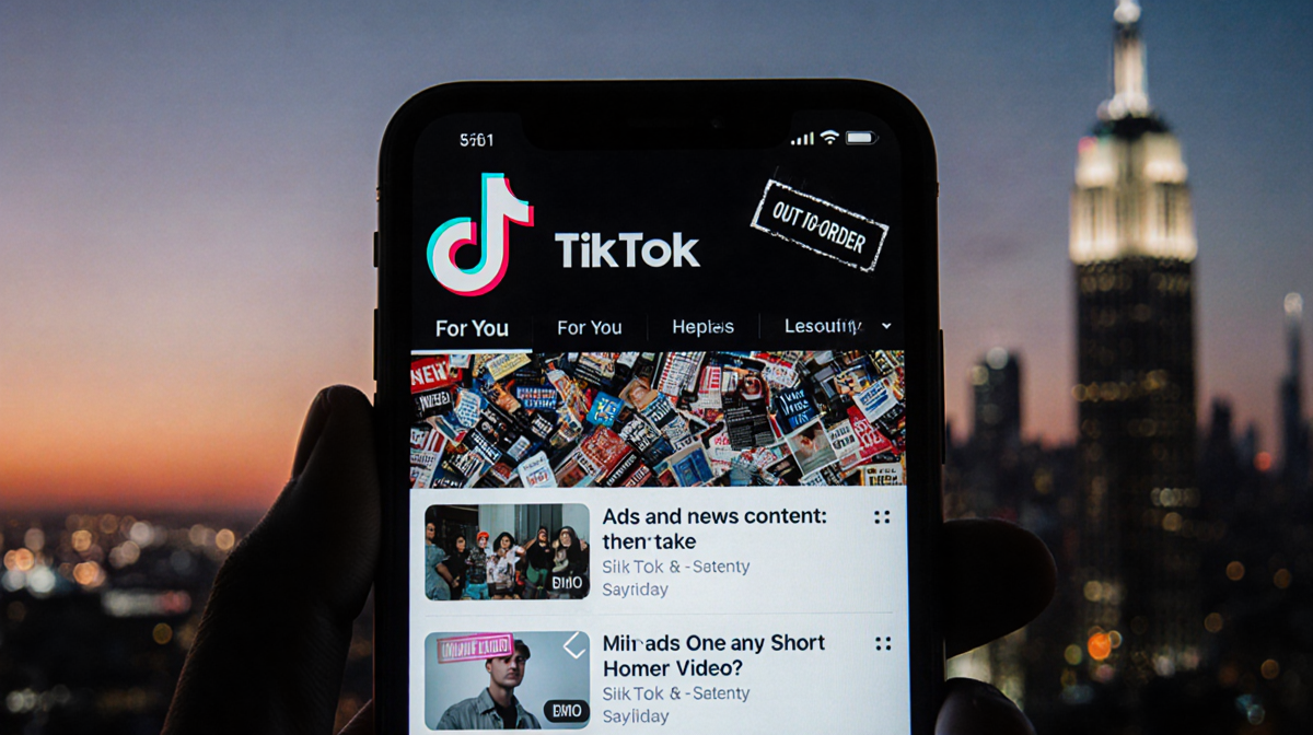 Dimly lit smartphone screen showing TikTok feed with ads and distorted logo and out-of-order stamp
