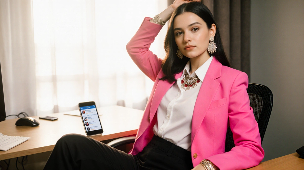 Young woman wearing bright pink suit sits confidently at desk with smartphone showing TikTok comments and natural light strea