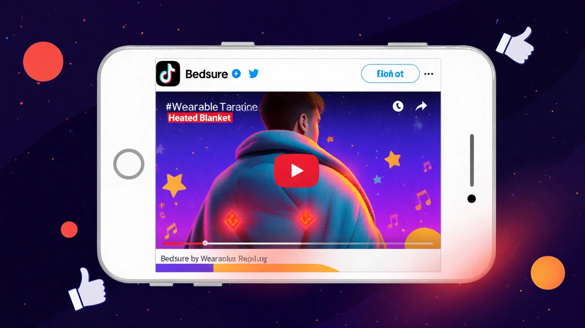 Person enjoying cozy warmth with Bedsure wearable heated blanket wrapped around shoulders while TikTok video plays on phone w
