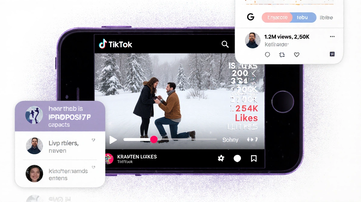 TikTok video playing on smartphone with winter proposal and engagement ring showing 1.2M views and 250K likes