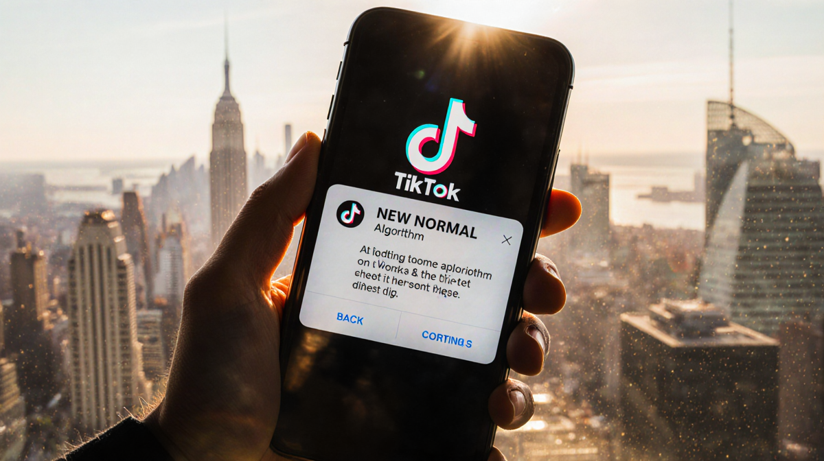 Hand holding smartphone showing TikTok notification NEW NORMAL with warm golden glow over blurred cityscape