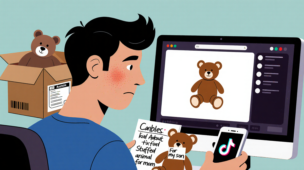 Austin looking frustrated while scrolling TikTok with a stuffed bear and a scribbled note and a blurred wrong package behind.