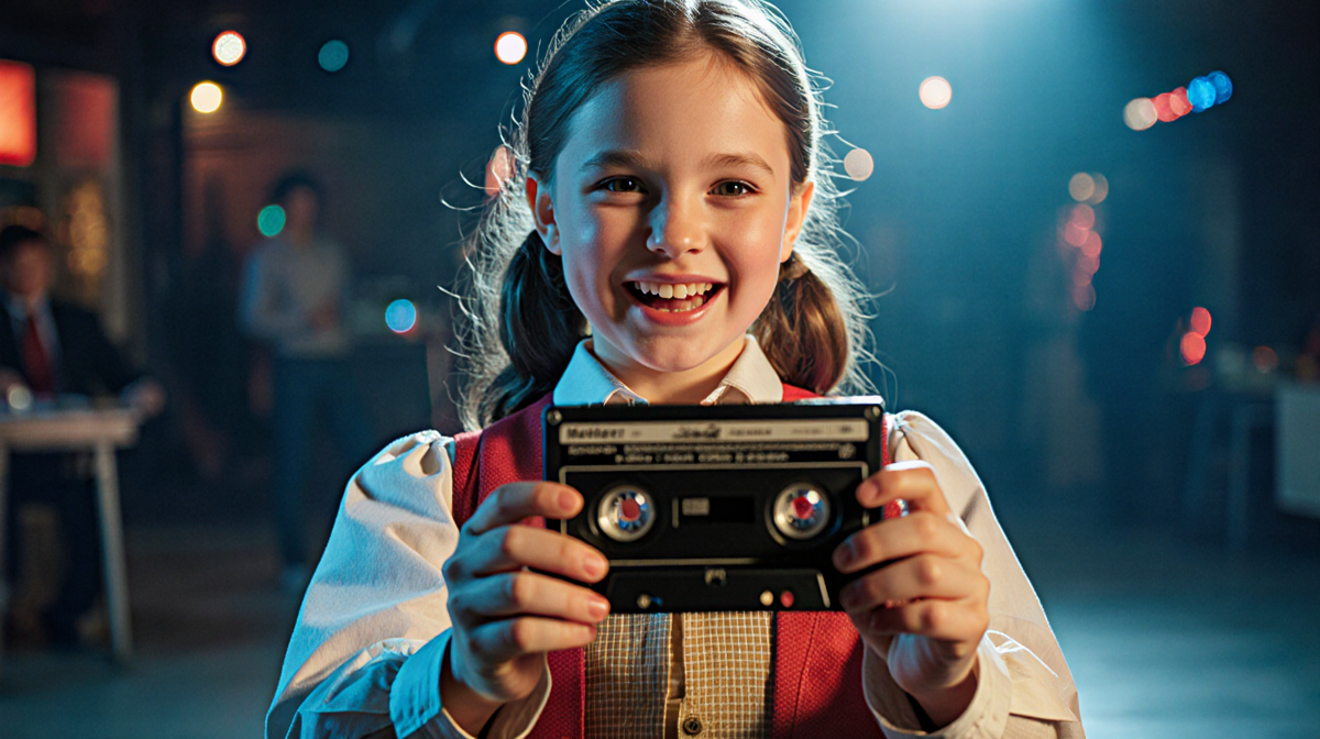 Tilly Morris standing confidently holding a Walkman with warm nostalgic lighting and a 1980s Atlanta backdrop