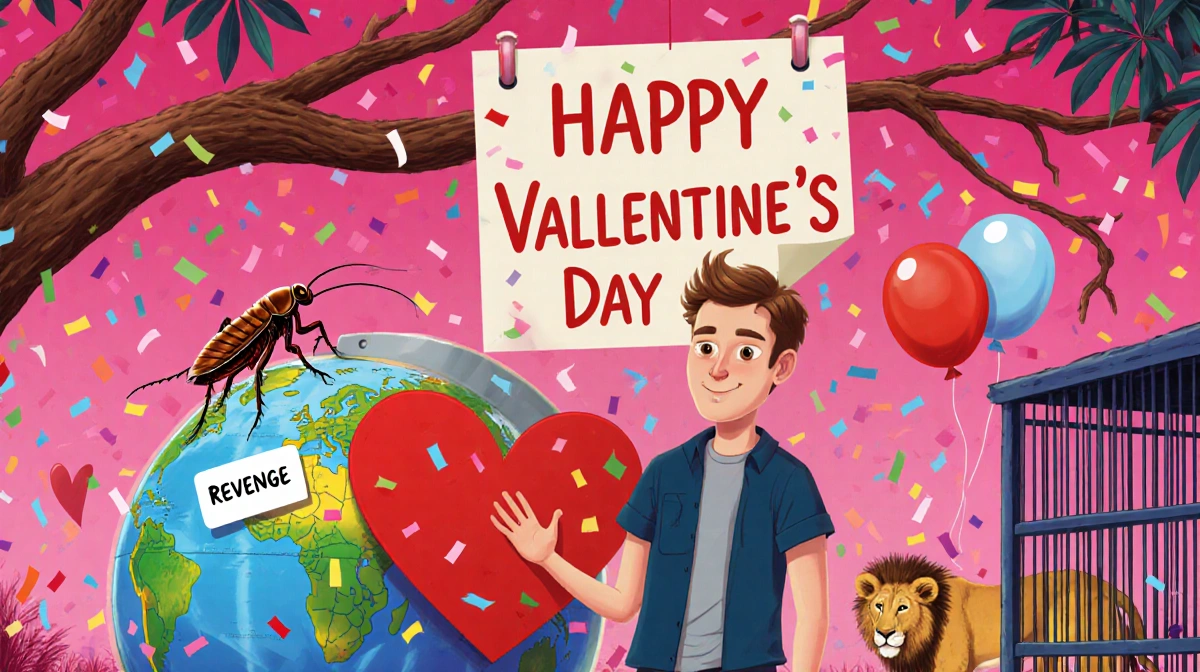 Tim Morrow stands before a heart-marked globe with Valentine's Day card and balloons while a cockroach labeled Revenge sits o