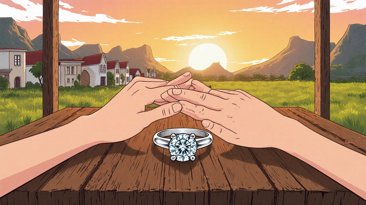 Two hands clasp together over a solitaire engagement ring on rustic wood table with Cape Town sunset glowing behind