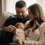 Tim Tebow and Demi-Leigh cuddling baby Daphne on couch with soft window light showing family love