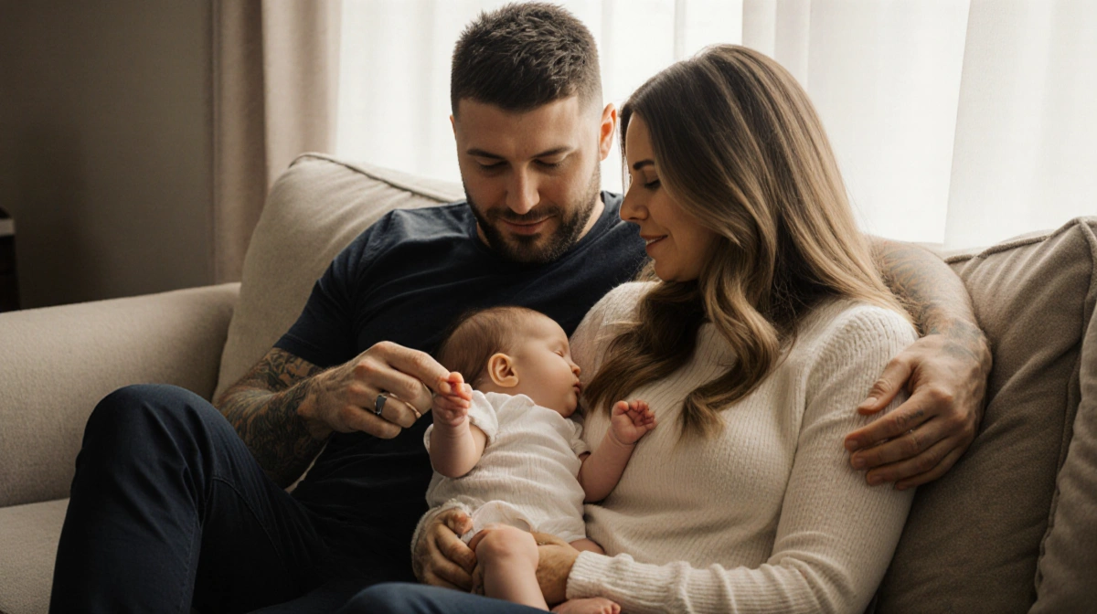 Tim Tebow and Demi-Leigh cuddling baby Daphne on couch with soft window light showing family love