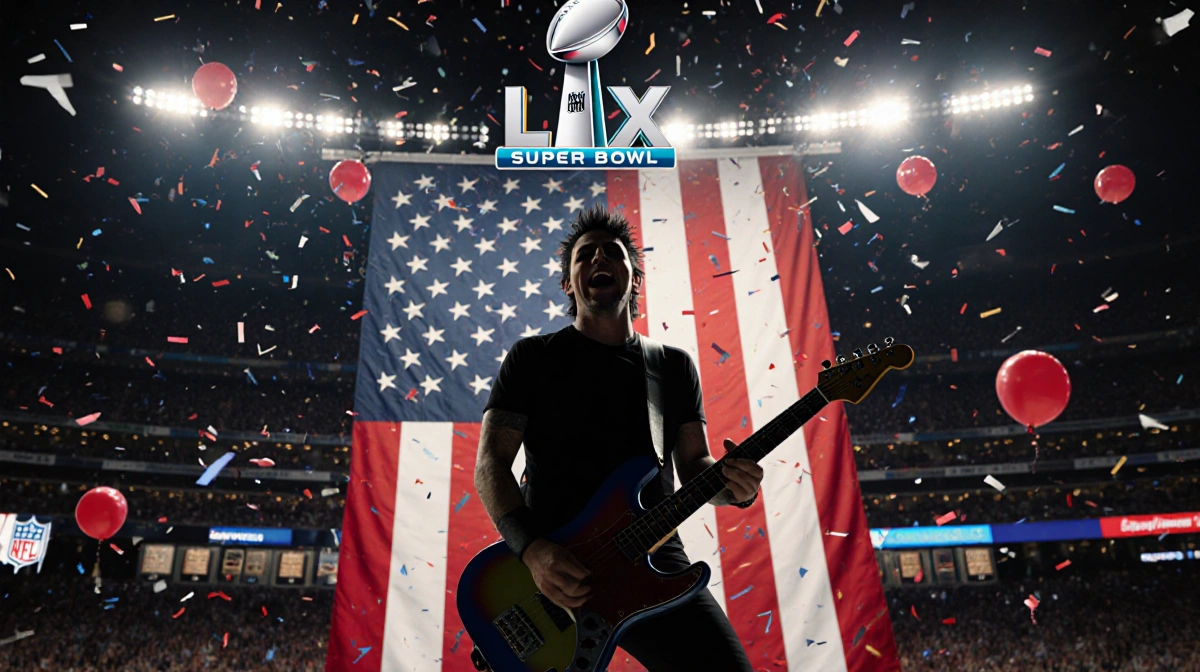 Tim Tubito performing on stage with American flag and Green Day guitar behind him