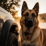 Orange K-9 Timber stands alert with fire extinguisher mounted on nearby vehicle and sunset lake behind him