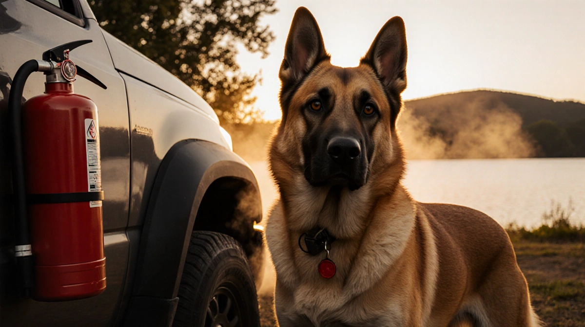 Orange K-9 Timber stands alert with fire extinguisher mounted on nearby vehicle and sunset lake behind him