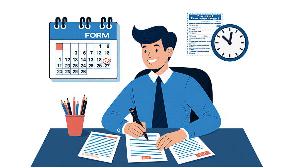 Person smiling while holding a pen with a calendar and Form 4868 and a payment slip on the desk