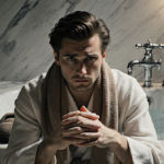 Timothée Chalamet sits with worried face in a bathroom against marble tub holding hands and a towel