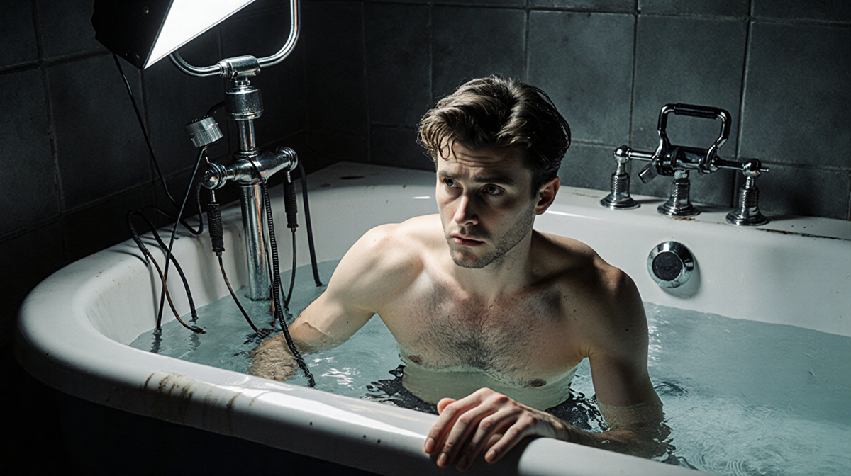 Timothée Chalamet stands beside an old bathtub with his hand on the edge and eyes fixed on a submerged lighting rig
