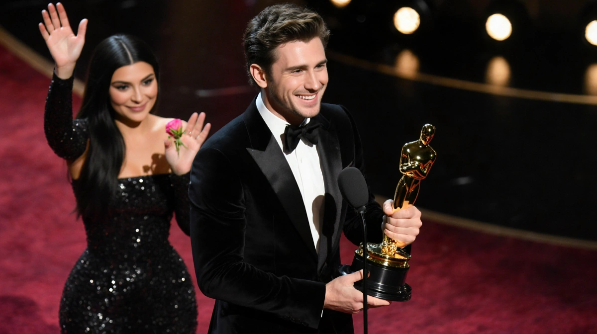 Timothée Chalamet stands at microphone holding trophy with a smile and rose while blurred Kylie Jenner waves on red carpet