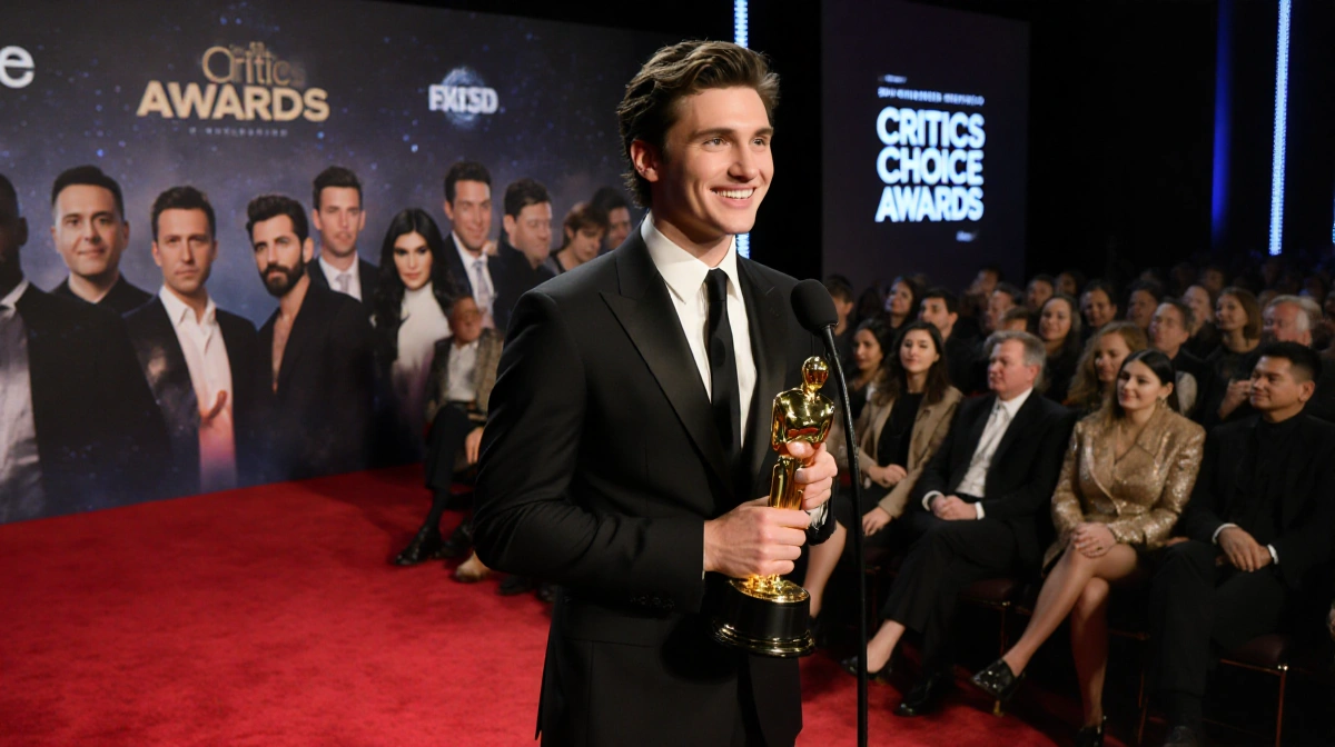 Timothée Chalamet speaking with Critics Choice Award and Kylie Jenner holding his hand under golden lighting.