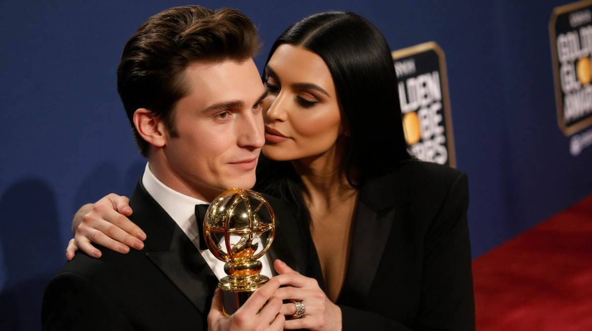 Timothée Chalamet holds his Golden Globe award while Kylie Jenner touches his cheek with warm golden lighting