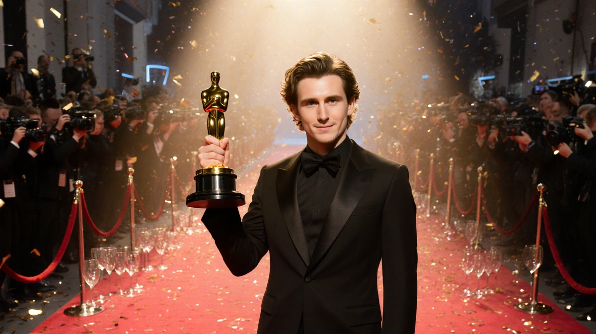 Timothée Chalamet holds Golden Globe award with red carpet and confetti behind him