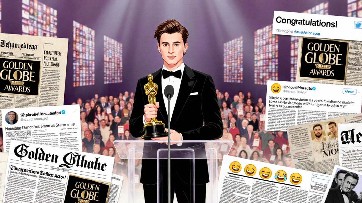 Timothée Chalamet holding Golden Globe award with blurred nominees and congratulations posts showing his best actor win