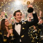 Timothée Chalamet holds his Golden Globe award with confetti falling and friends celebrating behind him