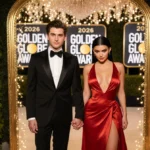 Timothée Chalamet and Kylie Jenner holding hands at Golden Globes 2026 with ornate archway and fairy lights behind