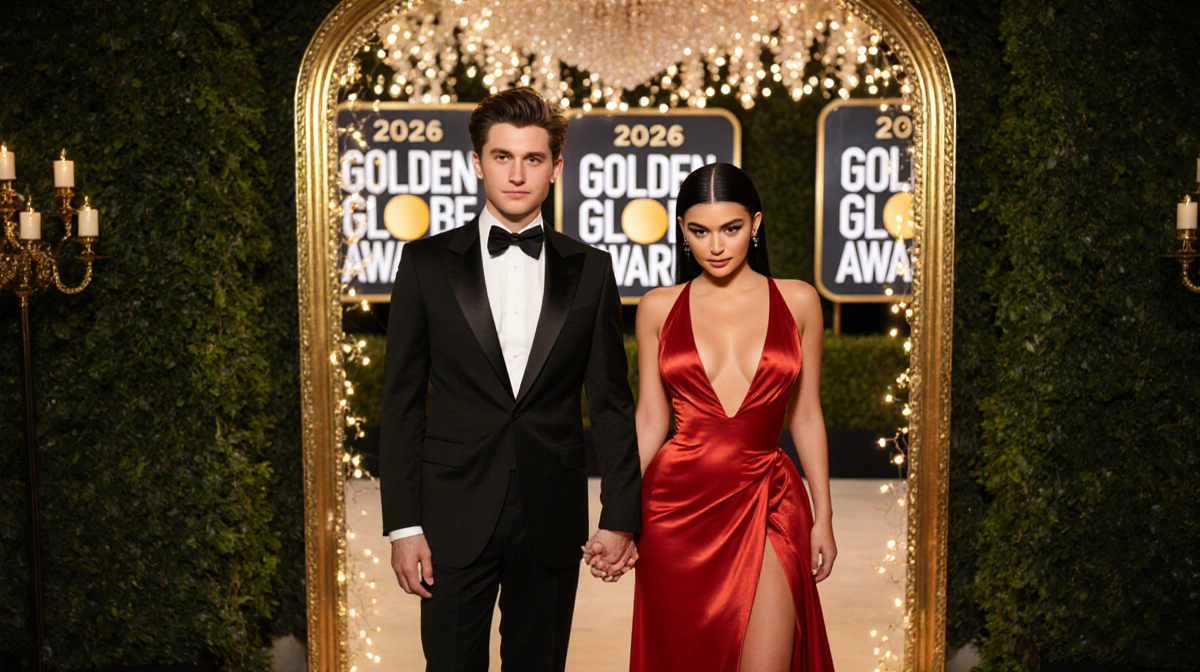 Timothée Chalamet and Kylie Jenner holding hands at Golden Globes 2026 with ornate archway and fairy lights behind