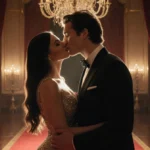 Timothée Chalamet and Kylie Jenner sharing a romantic kiss with golden lighting and elegant ballroom backdrop