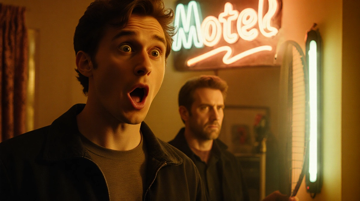 Timothée Chalamet gasping with tennis racket and menacing figure lurking in dim motel room